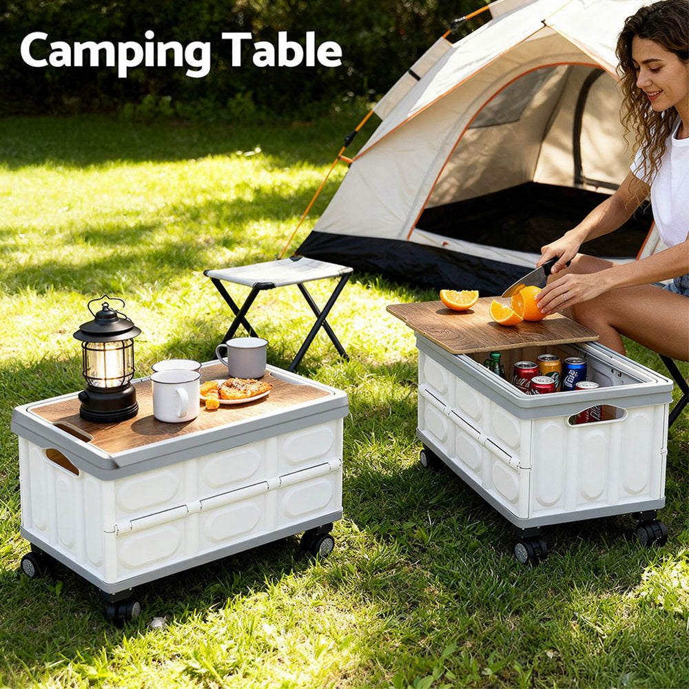 Gardeon Collapsible Outdoor Storage Box 54L Stackable Folding Camping Organizer Wheels Plywood Lid Beige-Home & Garden > Storage > Storage Boxes-PEROZ Accessories