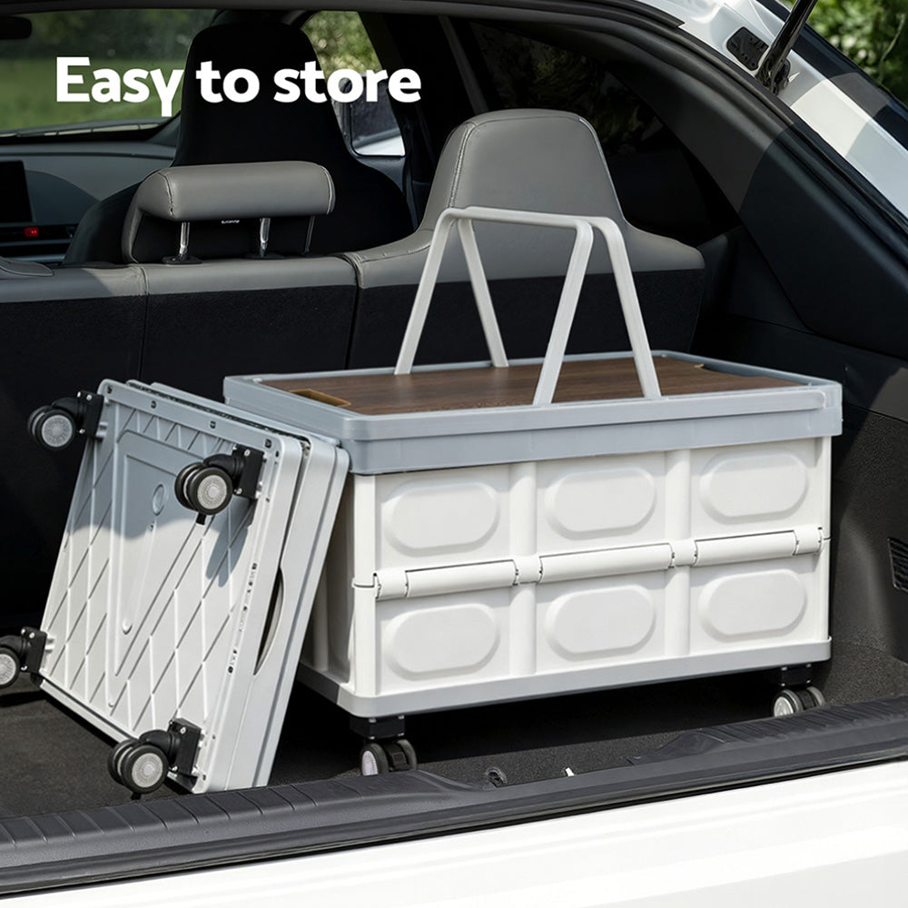 Gardeon Collapsible Outdoor Storage Box 54L Stackable Folding Camping Organizer Wheels Plywood Lid Beige-Home & Garden > Storage > Storage Boxes-PEROZ Accessories