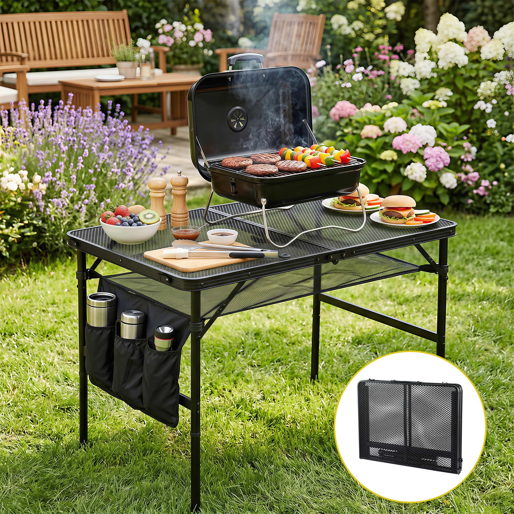 Gardeon BBQ Camp Table, 90*60*66 Portable Foldable Lightweight Grill Outdoor Metal Table 3.9kg-Outdoor Recreation > Camping > Camping Appliances-PEROZ Accessories