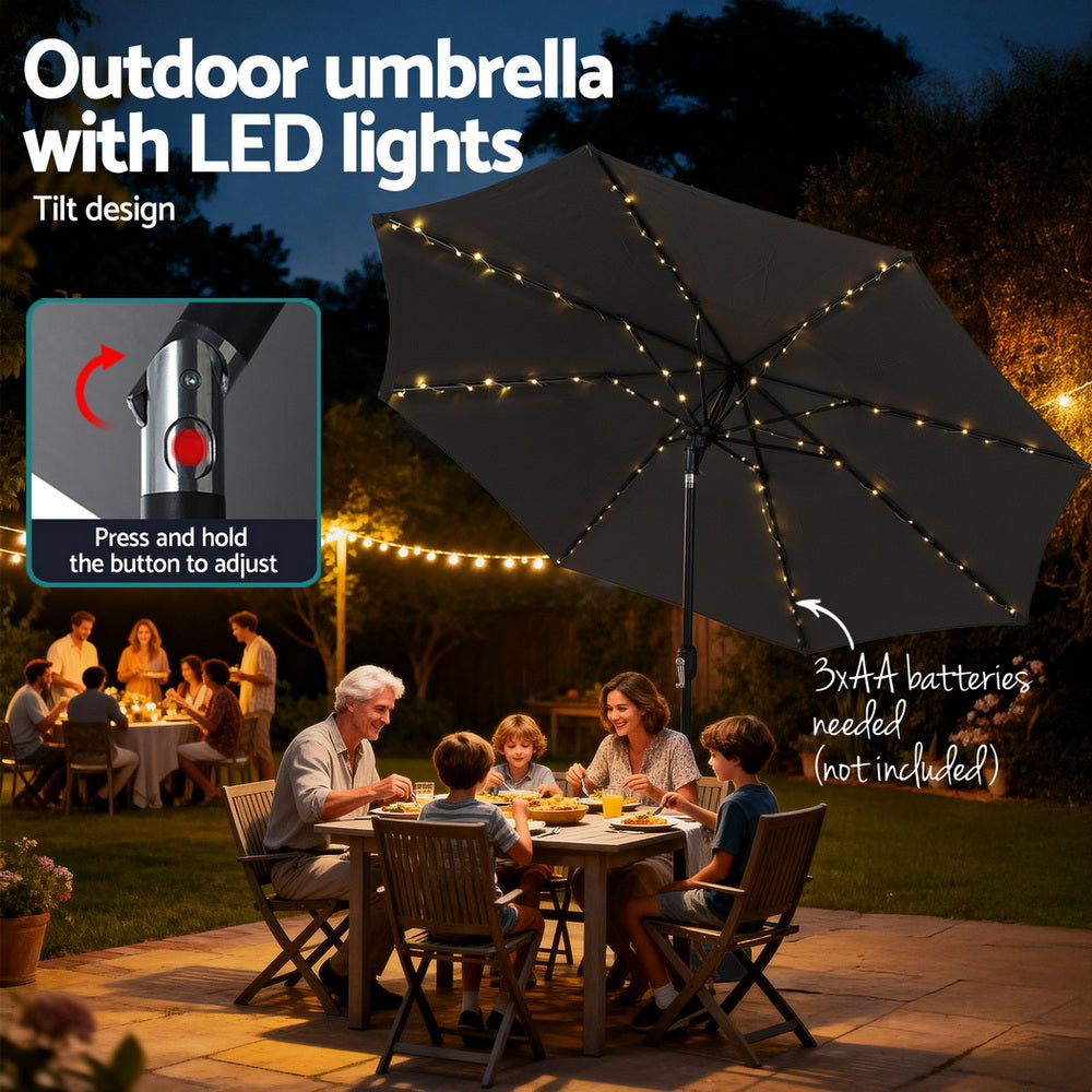 Instahut Outdoor Umbrella 2.9m Market Umbrella with String Light Tilt Charcoal Shade-Home & Garden > Shading > Umbrellas & Sunshades-PEROZ Accessories