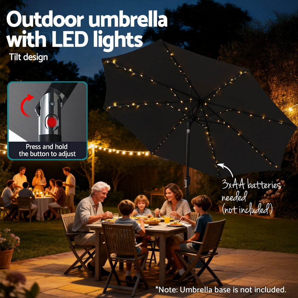 Instahut Outdoor Umbrella 2.9m Market Umbrella with String Light Tilt Black-Home & Garden > Shading > Umbrellas & Sunshades-PEROZ Accessories