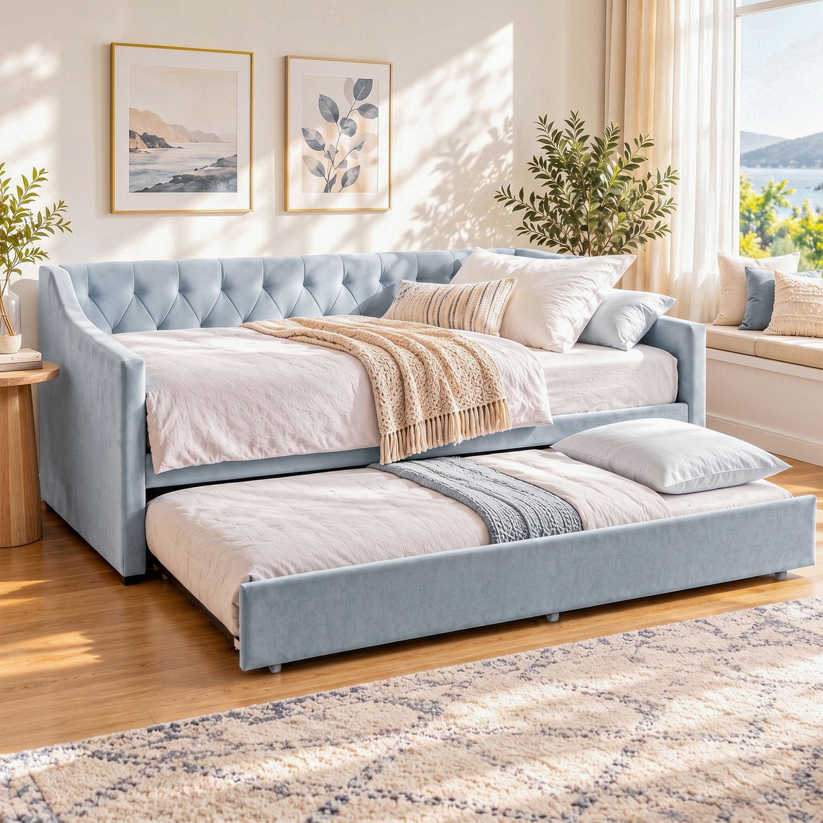 Artiss King Single Buttonless Tufted Daybed with Pull-Out Trundle, Light Blue-Furniture > Bedroom > Beds & Bed Frames-PEROZ Accessories