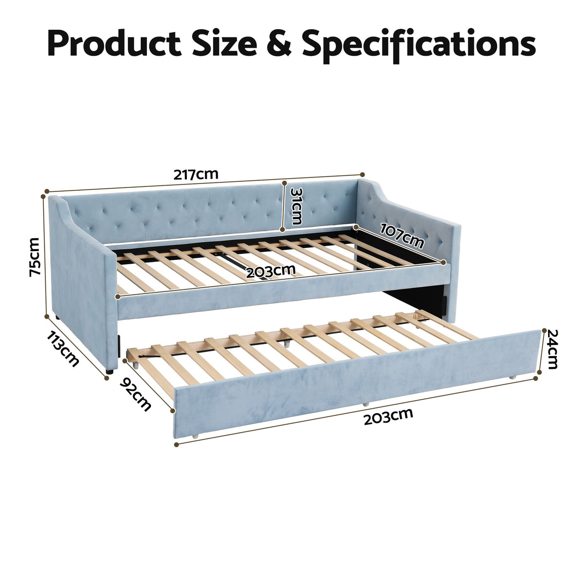 Artiss King Single Buttonless Tufted Daybed with Pull-Out Trundle, Light Blue-Furniture > Bedroom > Beds & Bed Frames-PEROZ Accessories