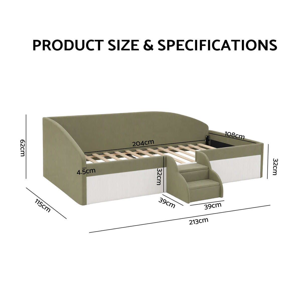 Artiss King Single Upholstered Daybed Sofa Bed with Centre Stairs, Olive-Furniture > Bedroom > Beds & Bed Frames-PEROZ Accessories