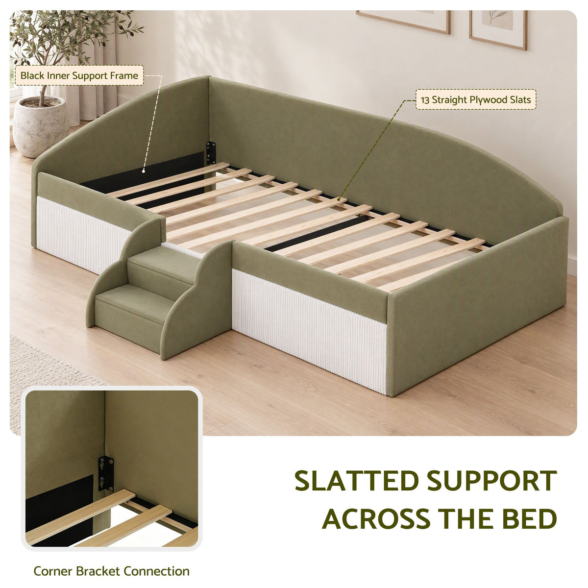 Artiss King Single Upholstered Daybed Sofa Bed with Centre Stairs, Olive-Furniture > Bedroom > Beds & Bed Frames-PEROZ Accessories