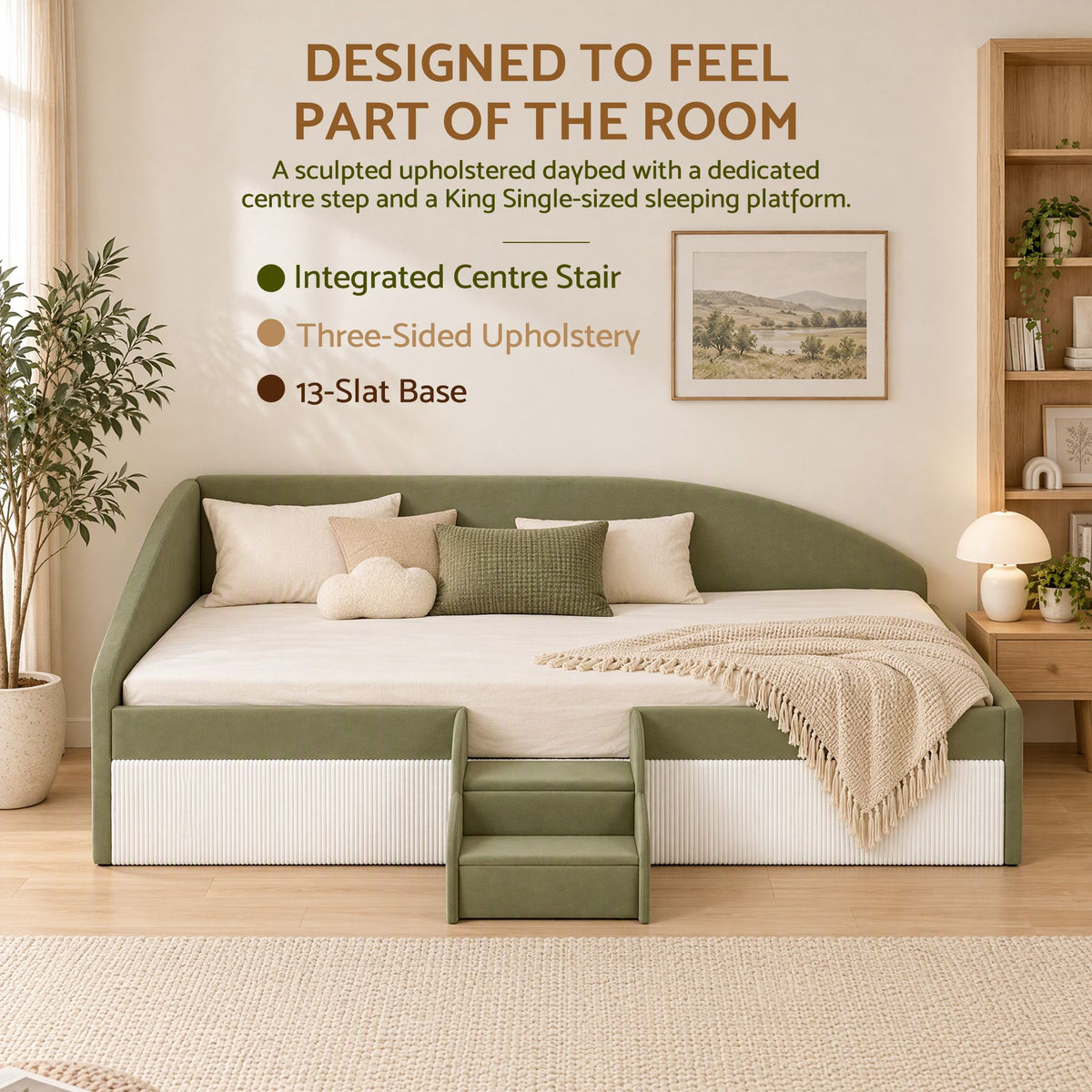 Artiss King Single Upholstered Daybed Sofa Bed with Centre Stairs, Olive-Furniture > Bedroom > Beds & Bed Frames-PEROZ Accessories