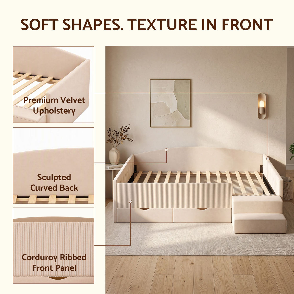 Artiss King Single Upholstered Daybed with Stairs & Storage Drawers, Beige-Furniture > Bedroom > Beds & Bed Frames-PEROZ Accessories