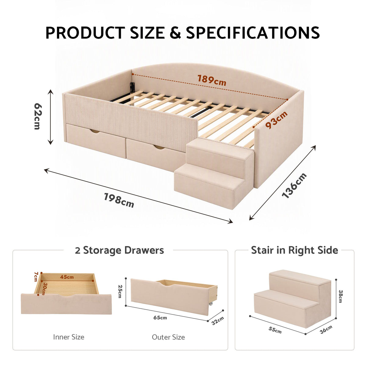 Artiss Single Upholstered Daybed with Side Stairs & Storage Drawers, Beige-Furniture > Bedroom > Beds & Bed Frames-PEROZ Accessories