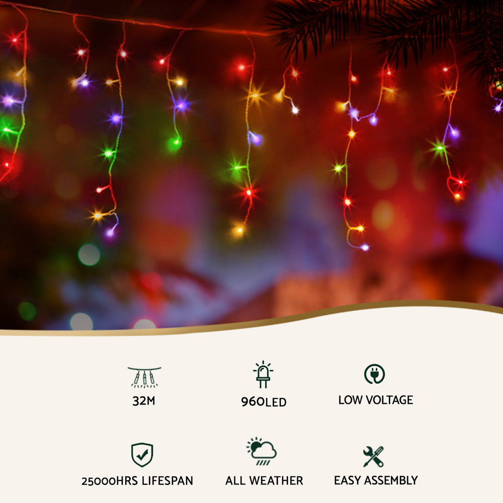 Jingle Jollys 32M Christmas Lights Icicle String Light 960 LED Multi-coloured-Occasions > Christmas > Outdoor Decorations & Lights-PEROZ Accessories