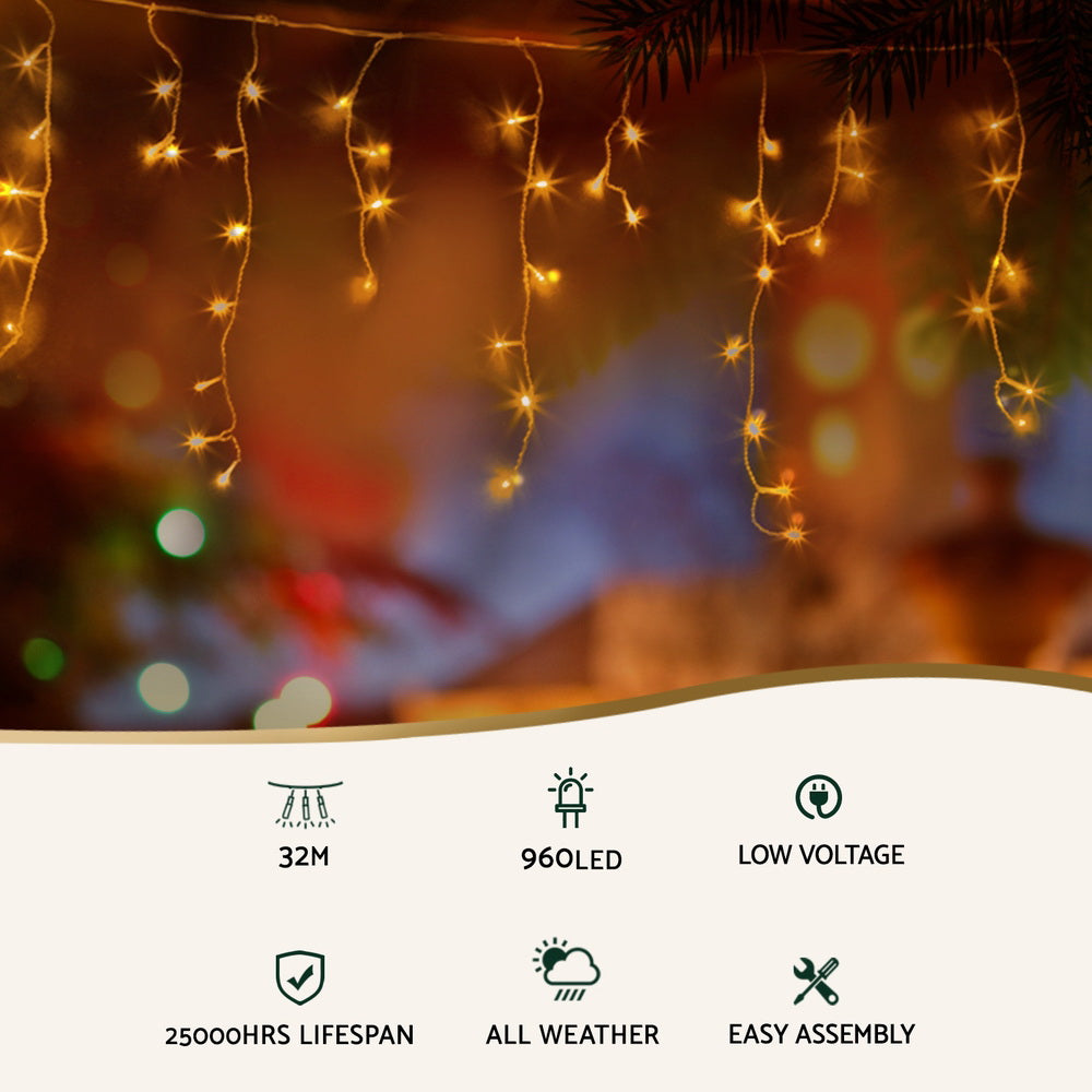 Jingle Jollys 32M Christmas Lights Icicle String Light 960 LED Decor Warm White-Occasions > Christmas > Outdoor Decorations & Lights-PEROZ Accessories