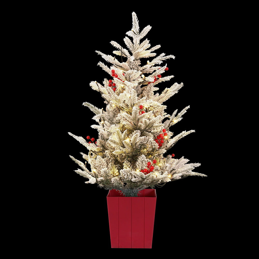 Jingle Jollys Christmas Tree 1M LED Potted Xmas Party Decor Red Barries Flocked-Occasions > Christmas > Christmas Trees-PEROZ Accessories