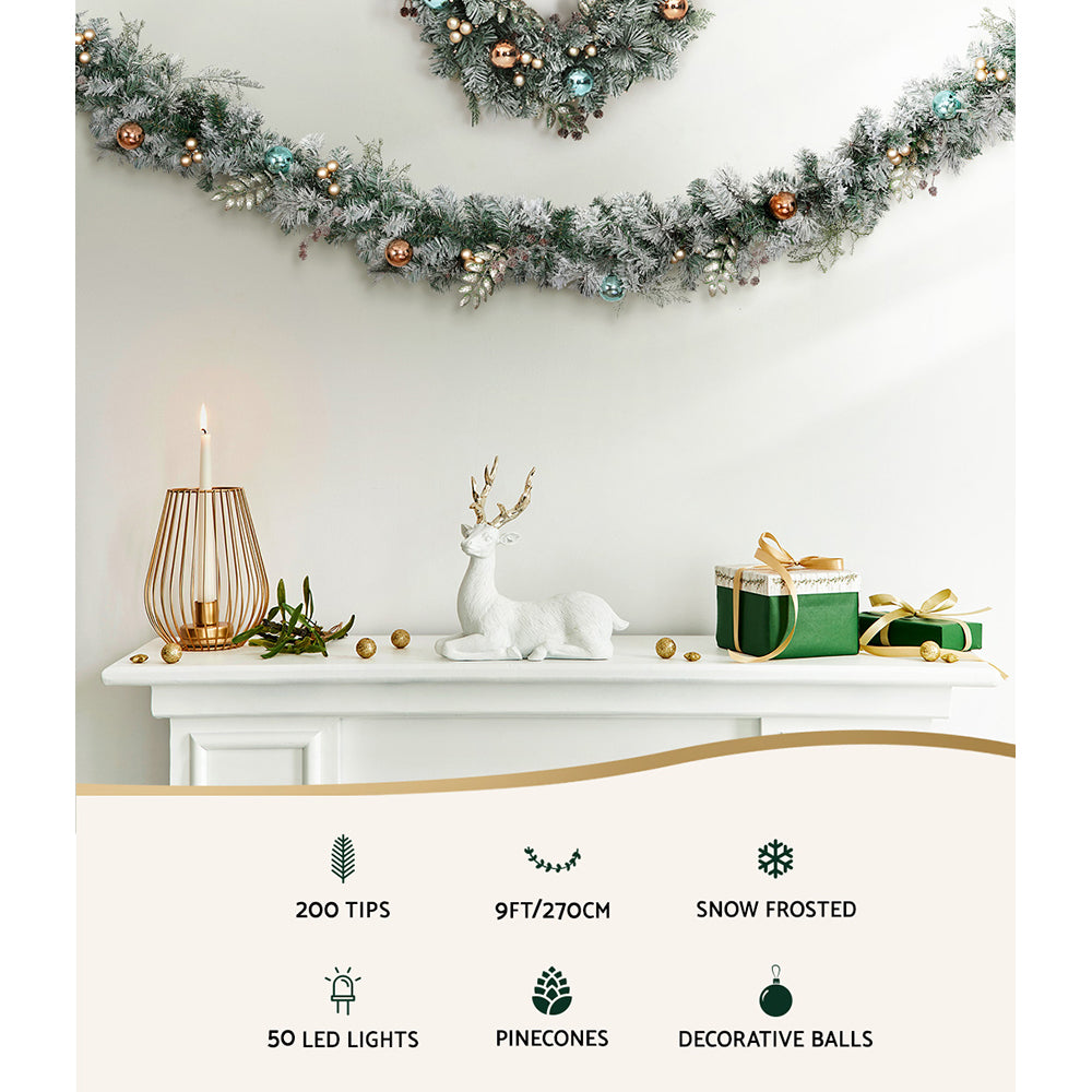 Jingle Jollys 2.7m Christmas Garland with LED Lights Snowy Decoration Xmas Party-Occasions > Christmas > Outdoor Decorations & Lights-PEROZ Accessories