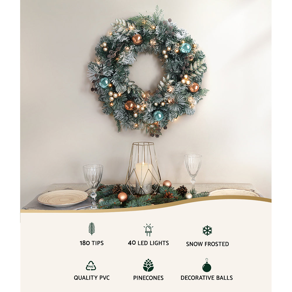 Jingle Jollys 60cm Christmas Wreath with LED Lights Snowy Garland Xmas Decor-Occasions > Christmas > Christmas Wreaths & Garlands-PEROZ Accessories