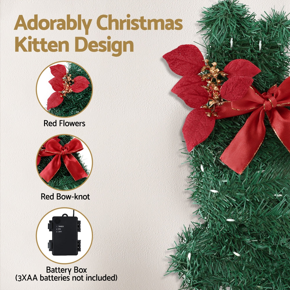 Jingle Jollys Cat Christmas Wreath Pre-lit 20 LED Xmas Decor Bow Flower 35x30cm-Occasions > Christmas > Christmas Wreaths & Garlands-PEROZ Accessories