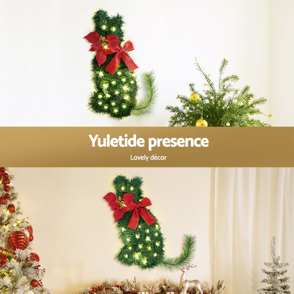 Jingle Jollys Cat Christmas Wreath Pre-lit 20 LED Xmas Decor Bow Flower 35x30cm-Occasions > Christmas > Christmas Wreaths & Garlands-PEROZ Accessories