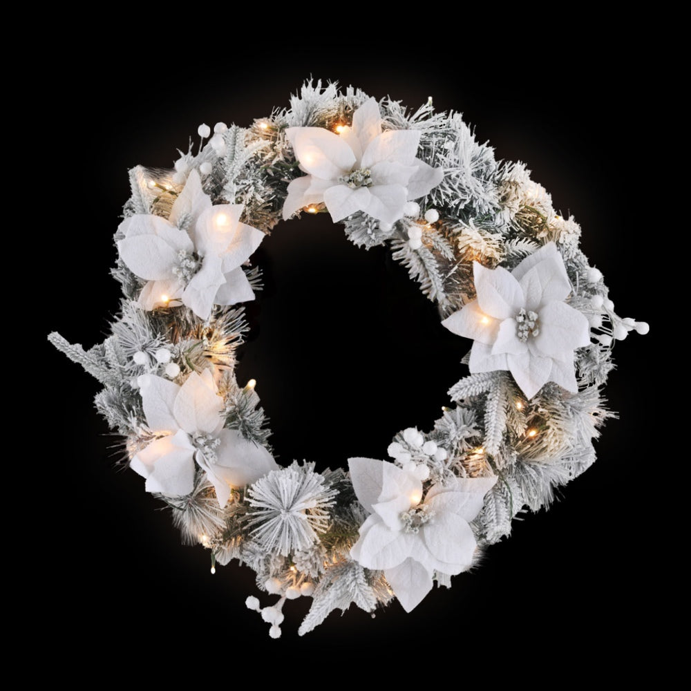 Jingle Jollys 60cm Christmas Wreath LED Lights Snowy Flowers Garland Party Decor-Occasions > Christmas > Christmas Wreaths & Garlands-PEROZ Accessories