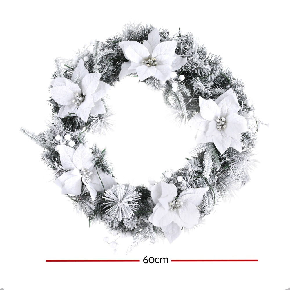 Jingle Jollys 60cm Christmas Wreath LED Lights Snowy Flowers Garland Party Decor-Occasions > Christmas > Christmas Wreaths & Garlands-PEROZ Accessories