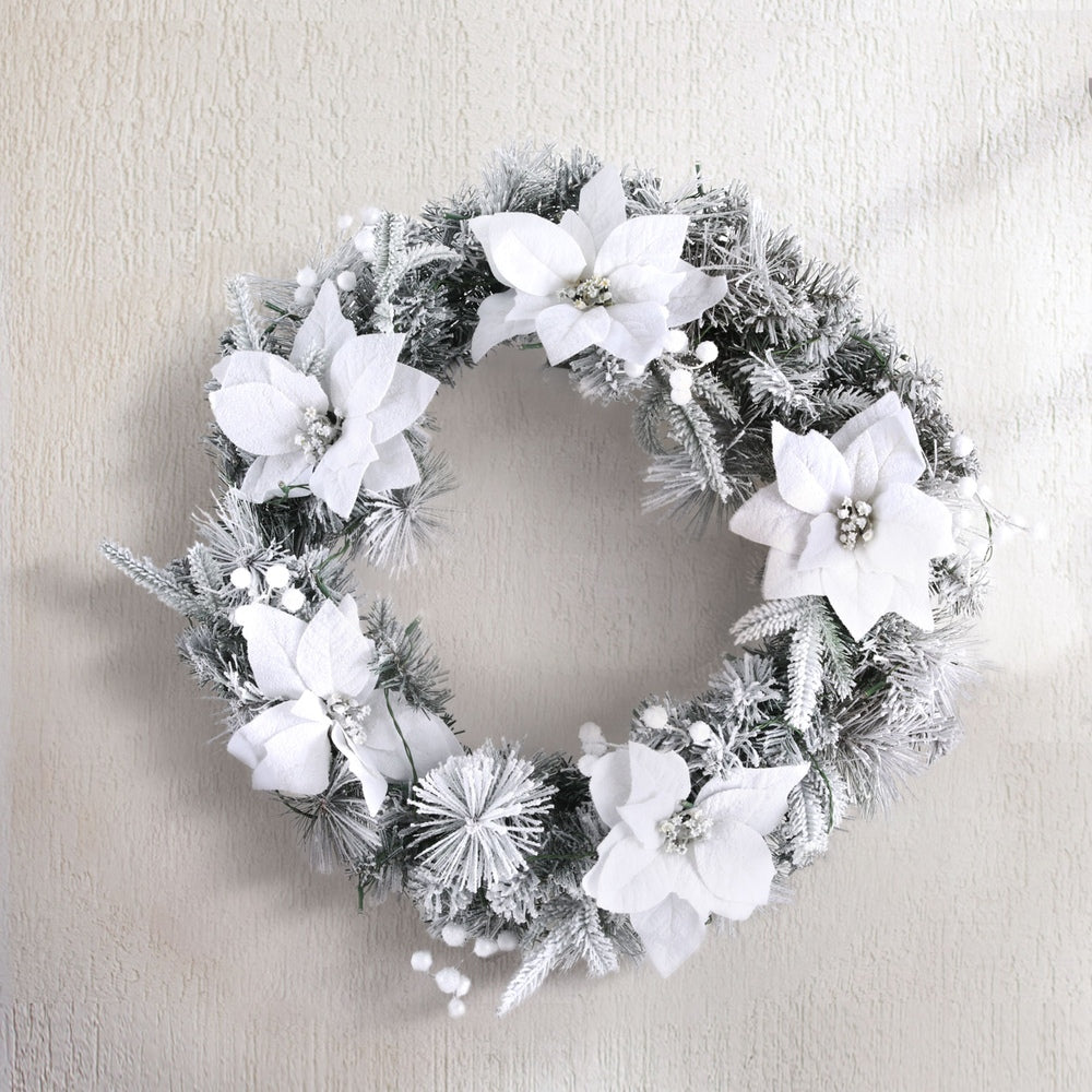 Jingle Jollys 60cm Christmas Wreath LED Lights Snowy Flowers Garland Party Decor-Occasions > Christmas > Christmas Wreaths & Garlands-PEROZ Accessories