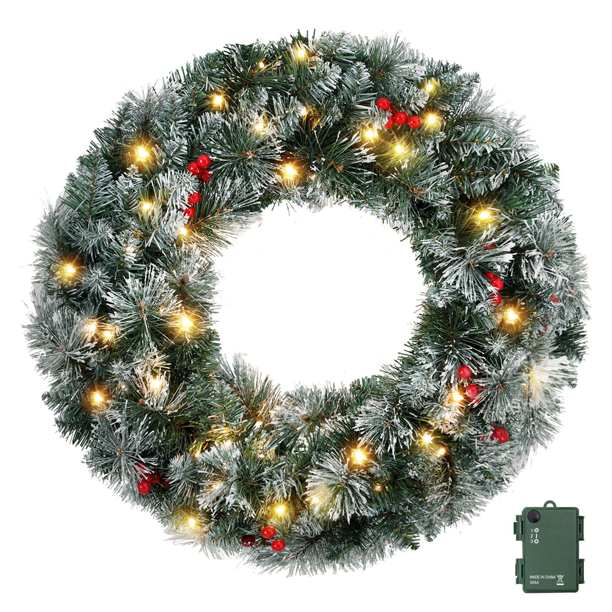 Jingle Jollys 60cm Christmas Wreath LED Lights Snowy Berries Garland Party Decor-Occasions > Christmas > Christmas Wreaths & Garlands-PEROZ Accessories