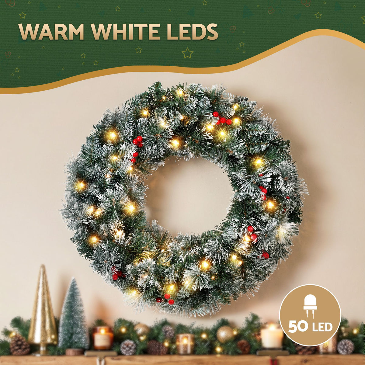 Jingle Jollys 60cm Christmas Wreath LED Lights Snowy Berries Garland Party Decor-Occasions > Christmas > Christmas Wreaths & Garlands-PEROZ Accessories