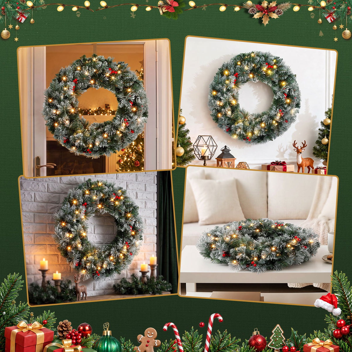 Jingle Jollys 60cm Christmas Wreath LED Lights Snowy Berries Garland Party Decor-Occasions > Christmas > Christmas Wreaths & Garlands-PEROZ Accessories