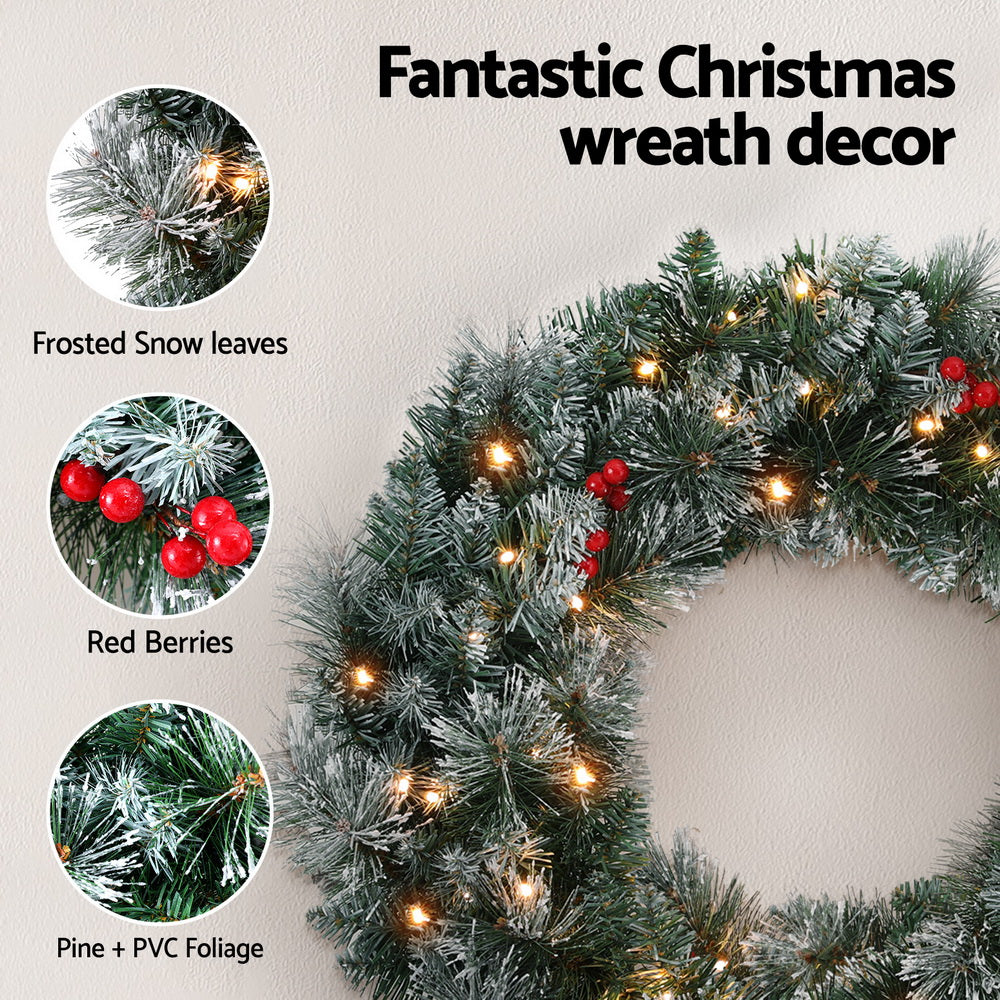 Jingle Jollys 60cm Christmas Wreath LED Lights Snowy Berries Garland Party Decor-Occasions > Christmas > Christmas Wreaths & Garlands-PEROZ Accessories
