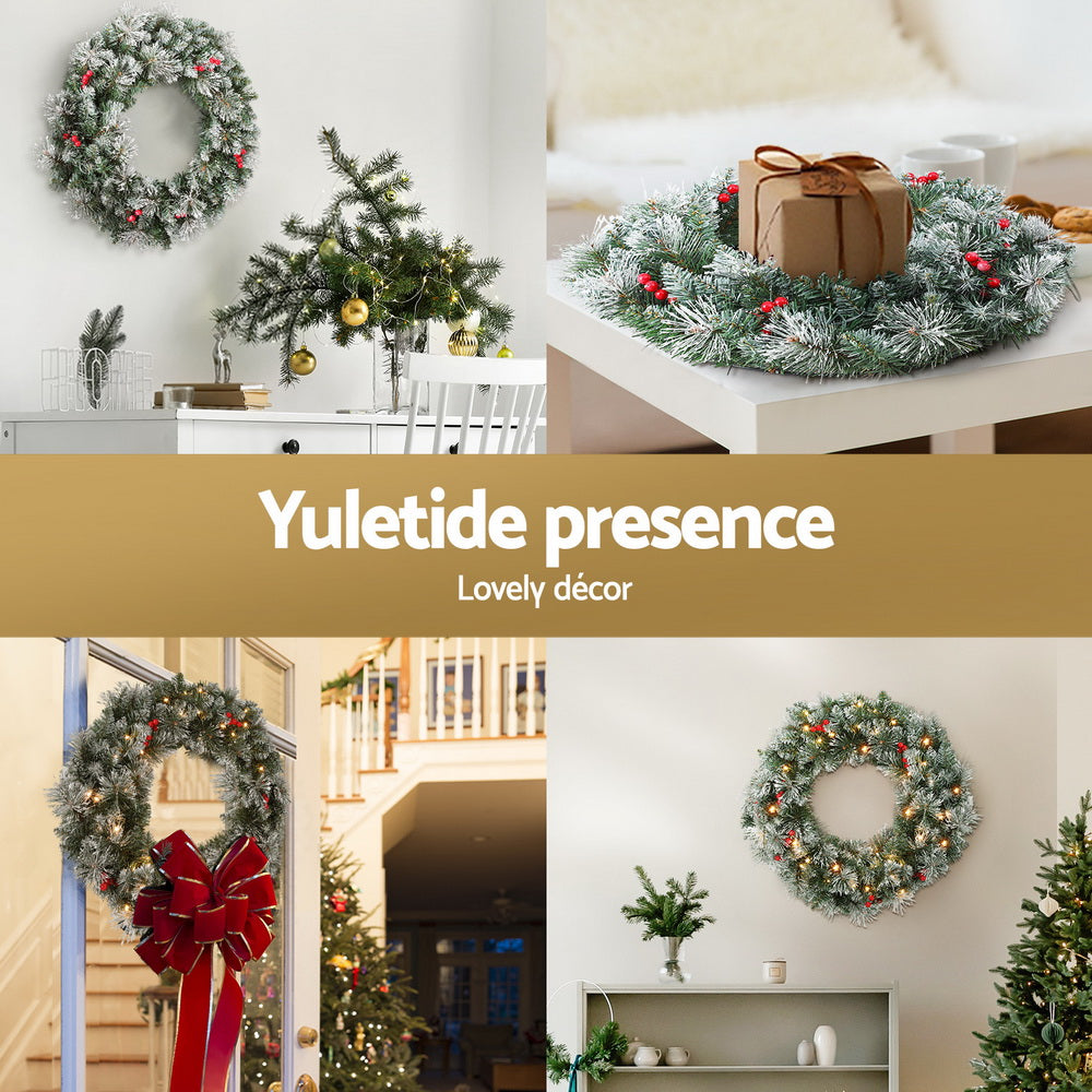 Jingle Jollys 60cm Christmas Wreath LED Lights Snowy Berries Garland Party Decor-Occasions > Christmas > Christmas Wreaths & Garlands-PEROZ Accessories
