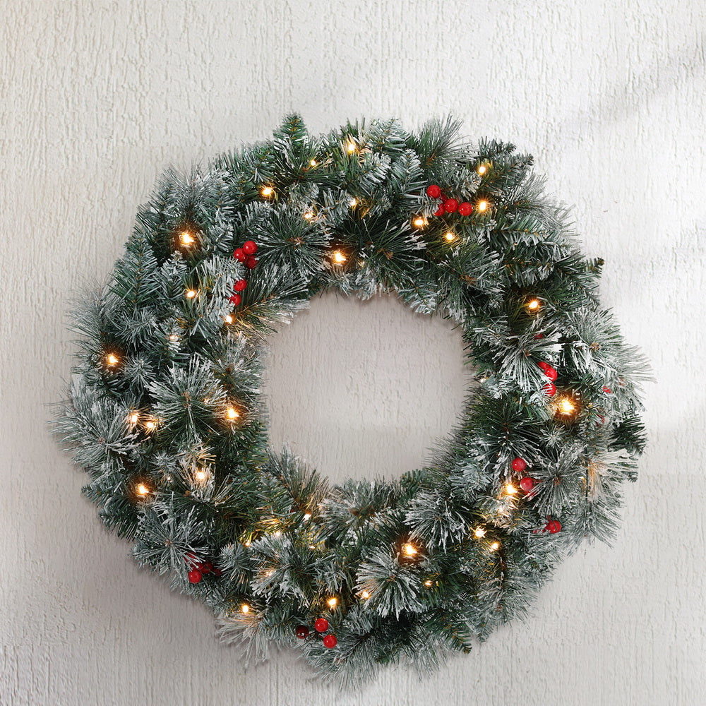 Jingle Jollys 60cm Christmas Wreath LED Lights Snowy Berries Garland Party Decor-Occasions > Christmas > Christmas Wreaths & Garlands-PEROZ Accessories