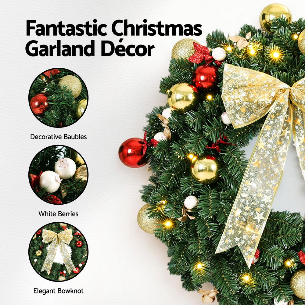 Jingle Jollys Christmas Wreath 60CM LED Garland Berries Bow Baubles Xmas Decor-Occasions > Christmas > Christmas Wreaths & Garlands-PEROZ Accessories