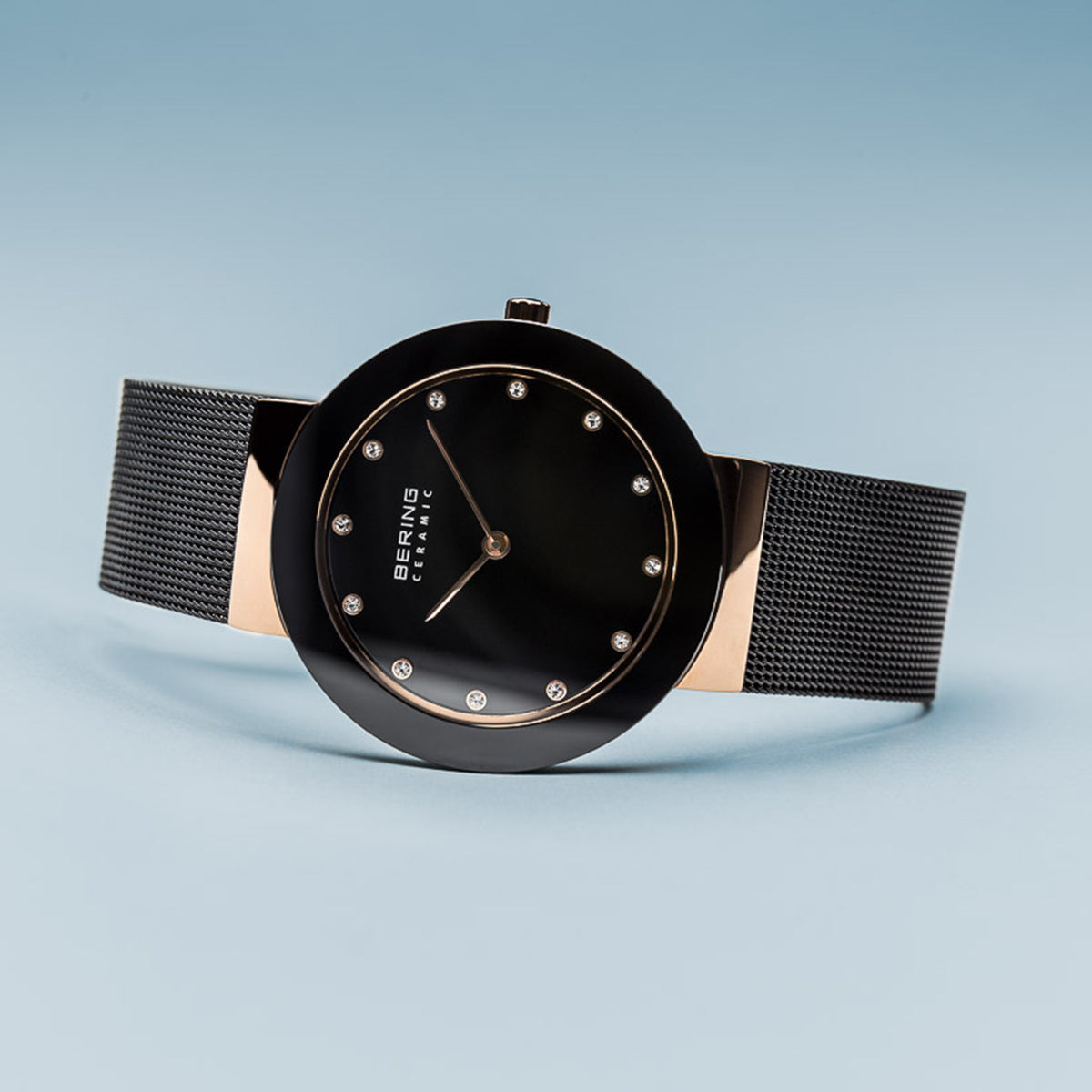 Bering Ceramic Polished Rose Gold Black Mesh Watch-PEROZ Accessories