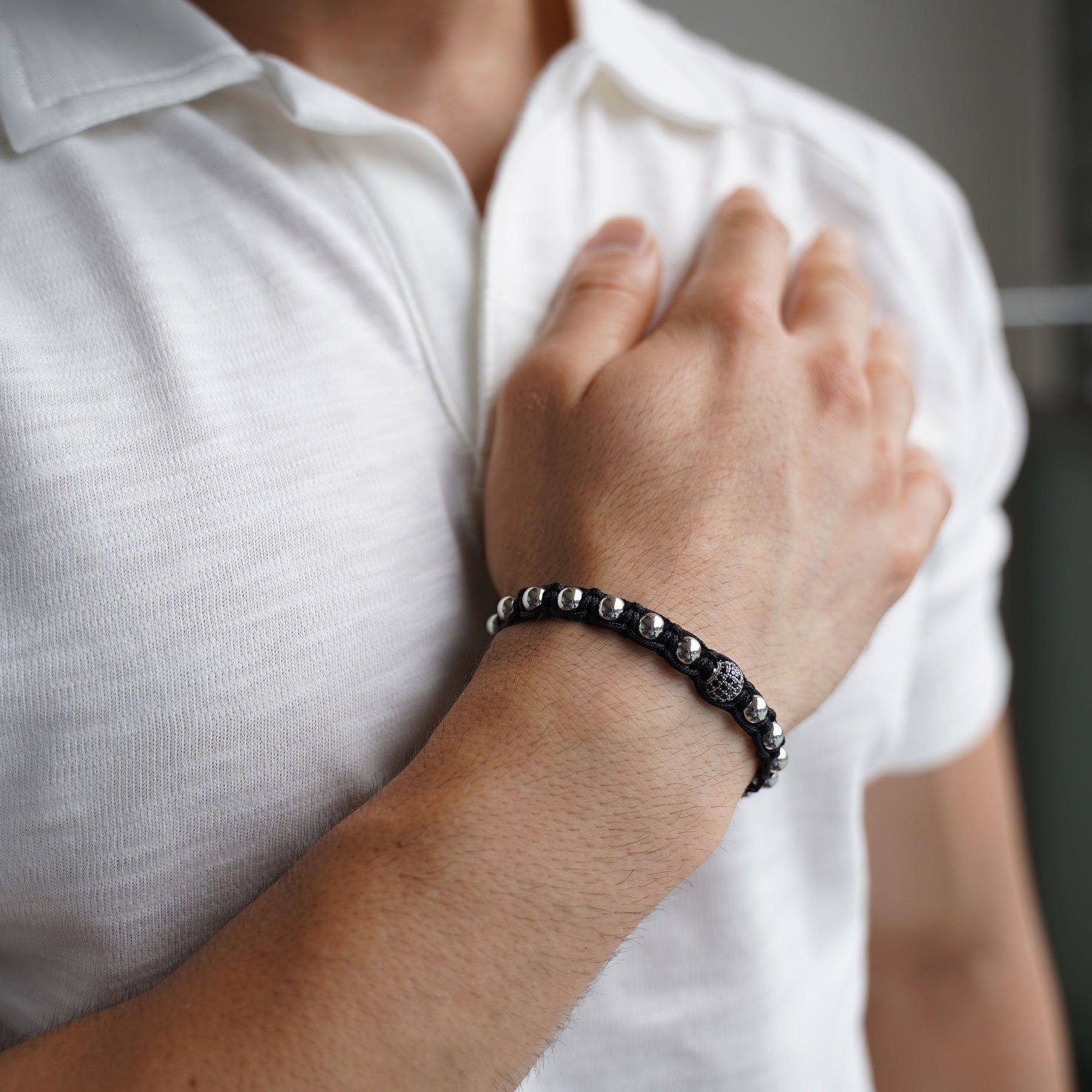 Silver Stainless Steel Beaded Bracelet with CZ Setting