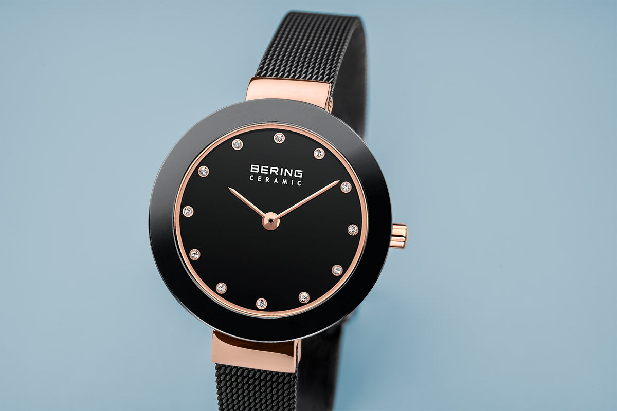 Bering Ceramic Polished Rose Gold Black Mesh Watch-PEROZ Accessories