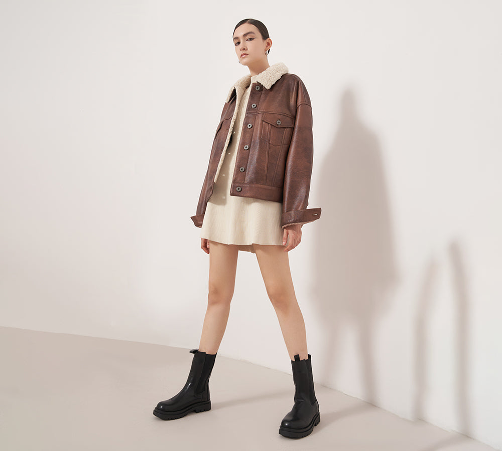 TARRAMARRA® Women Leather Sheepskin Wool Block Heel Black Boots Sherlyn-PEROZ Accessories