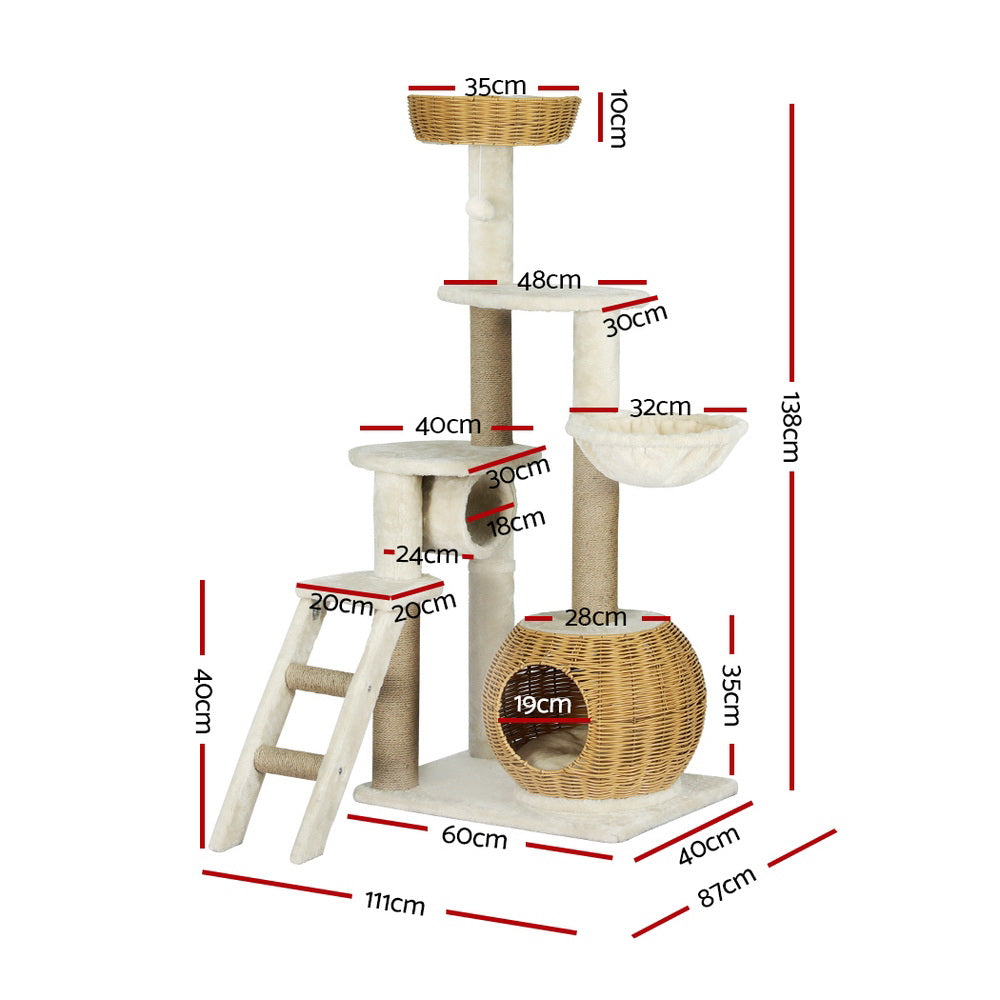 i.Pet Cat Tree 138cm Tower Scratching Post Scratcher Wood Bed Condo House Rattan Ladder-Pet Care > Cat Supplies > Cat Scratching Posts-PEROZ Accessories