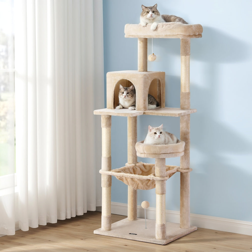 i.Pet Cat Tree 143cm Tower Scratching Post Trees Scratcher Condo House Beige-Pet Care > Cat Supplies > Cat Scratchers-PEROZ Accessories
