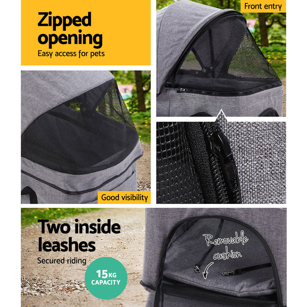i.Pet Pet Stroller Dog Pram Cat Carrier Travel Large Pushchair Foldable 4 Wheels Grey-Pet Care > Cat Supplies > Cat Carriers & Crates-PEROZ Accessories
