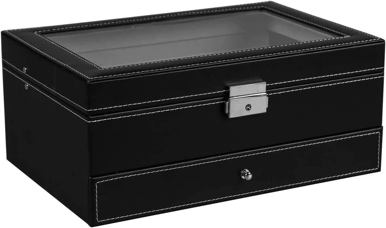 12 Slot PU Leather Lockable Watch and Jewelry Storage Boxes (Black)-Watch Accessories-PEROZ Accessories