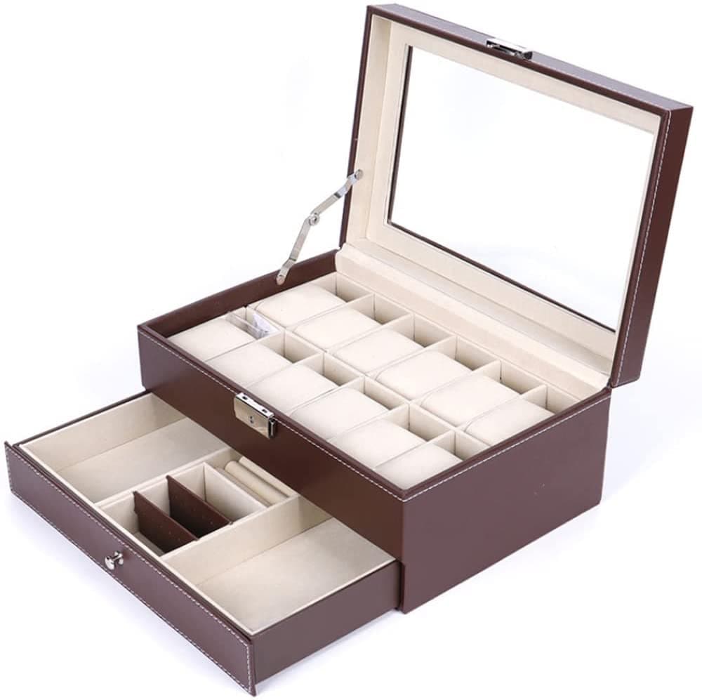 12 Slot PU Leather Lockable Watch and Jewelry Storage Boxes (Brown)-Watch Accessories-PEROZ Accessories