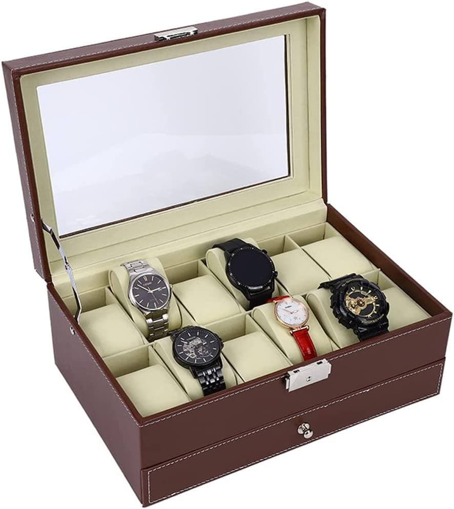 12 Slot PU Leather Lockable Watch and Jewelry Storage Boxes (Brown)-Watch Accessories-PEROZ Accessories