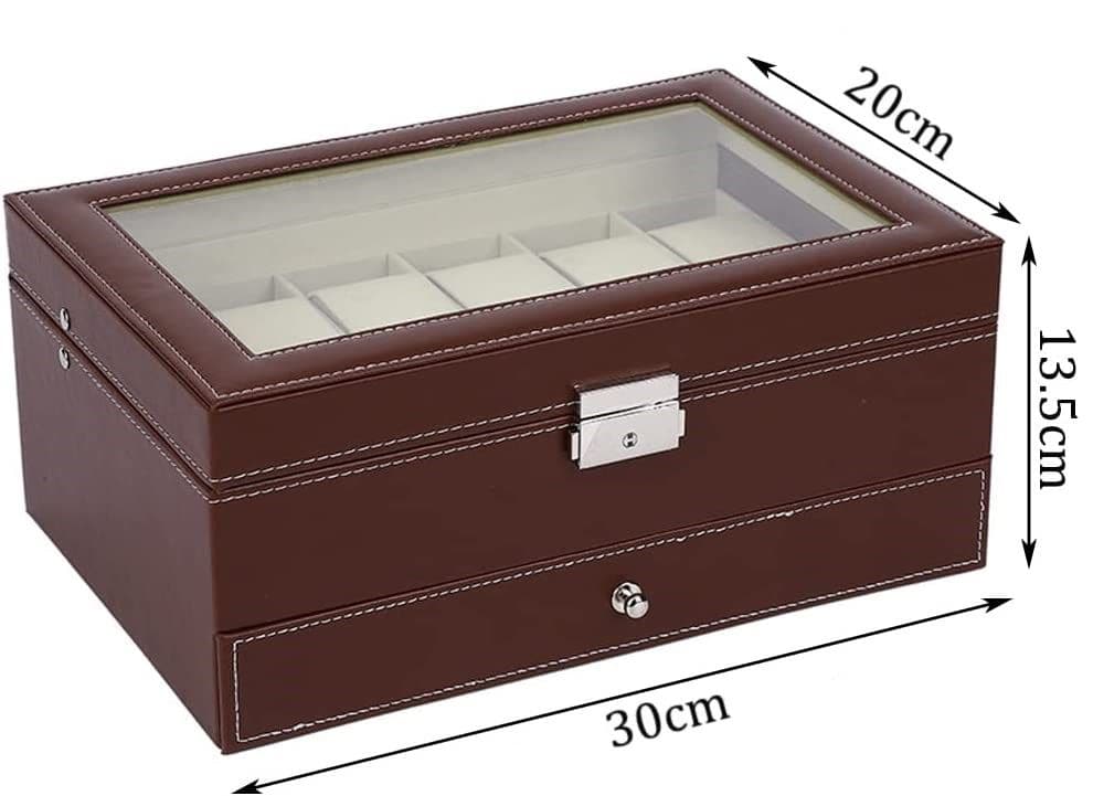 12 Slot PU Leather Lockable Watch and Jewelry Storage Boxes (Brown)-Watch Accessories-PEROZ Accessories