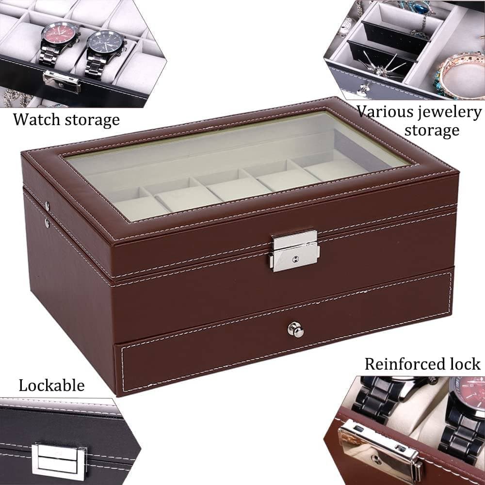 12 Slot PU Leather Lockable Watch and Jewelry Storage Boxes (Brown)-Watch Accessories-PEROZ Accessories