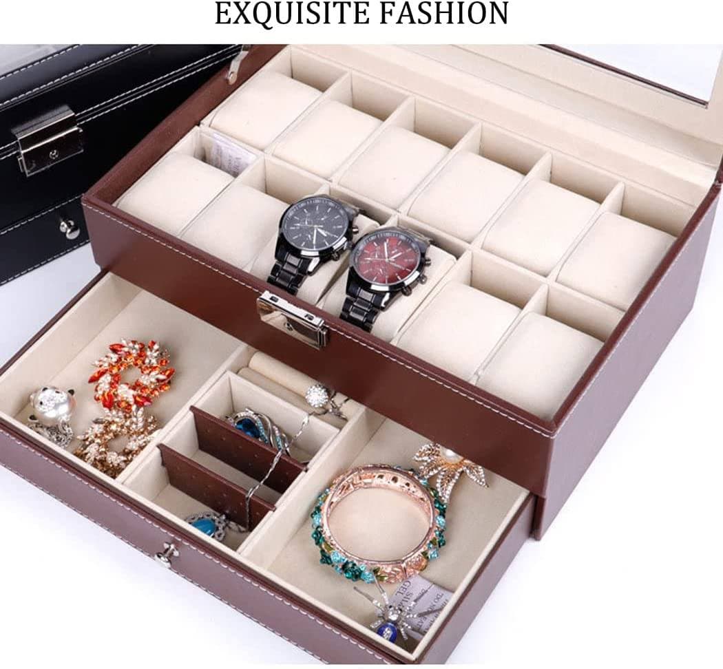 12 Slot PU Leather Lockable Watch and Jewelry Storage Boxes (Brown)-Watch Accessories-PEROZ Accessories