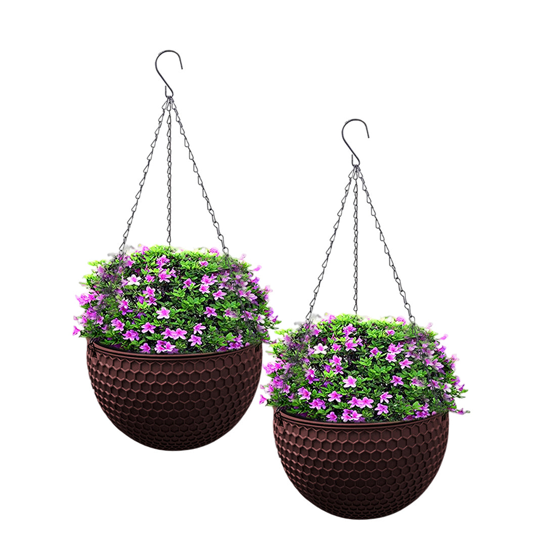 SOGA 2X Coffee Medium Hanging Resin Flower Pot Self Watering Basket Planter Indoor Outdoor Garden Decor-Indoor Pots, Planters and Plant Stands-PEROZ Accessories