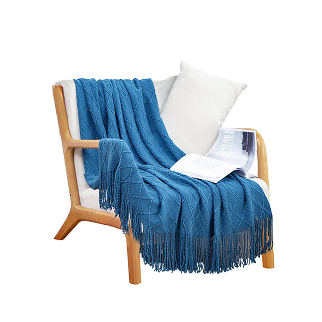 SOGA Blue Diamond Pattern Knitted Throw Blanket Warm Cozy Woven Cover Couch Bed Sofa Home Decor with Tassels-Throw Blankets-PEROZ Accessories