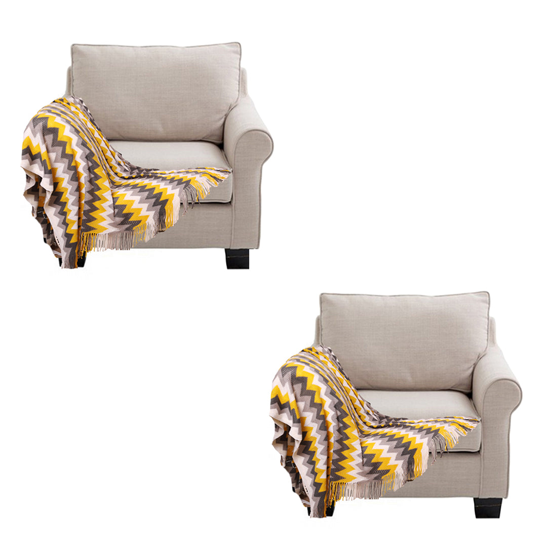 SOGA 2X 170cm Yellow Zigzag Striped Throw Blanket Acrylic Wave Knitted Fringed Woven Cover Couch Bed Sofa Home Decor-Throw Blankets-PEROZ Accessories
