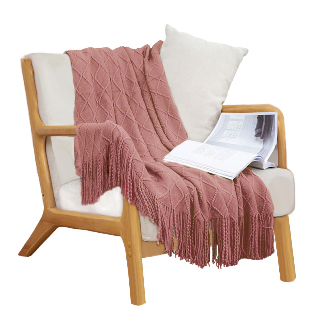 SOGA Pink Diamond Pattern Knitted Throw Blanket Warm Cozy Woven Cover Couch Bed Sofa Home Decor with Tassels-Throw Blankets-PEROZ Accessories