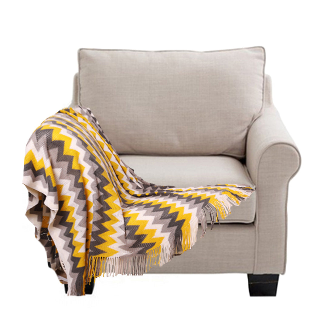 SOGA 220cm Yellow Zigzag Striped Throw Blanket Acrylic Wave Knitted Fringed Woven Cover Couch Bed Sofa Home Decor-Throw Blankets-PEROZ Accessories
