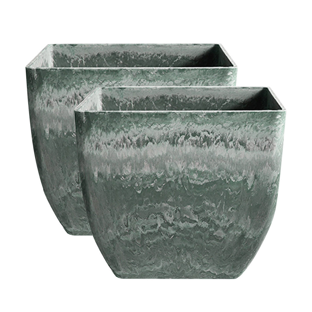 SOGA 2X 32cm Green Grey Square Resin Plant Flower Pot in Cement Pattern Planter Cachepot for Indoor Home Office-Indoor Pots, Planters and Plant Stands-PEROZ Accessories