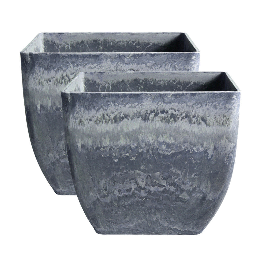 SOGA 2X 32cm Weathered Grey Square Resin Plant Flower Pot in Cement Pattern Planter Cachepot for Indoor Home Office-Indoor Pots, Planters and Plant Stands-PEROZ Accessories