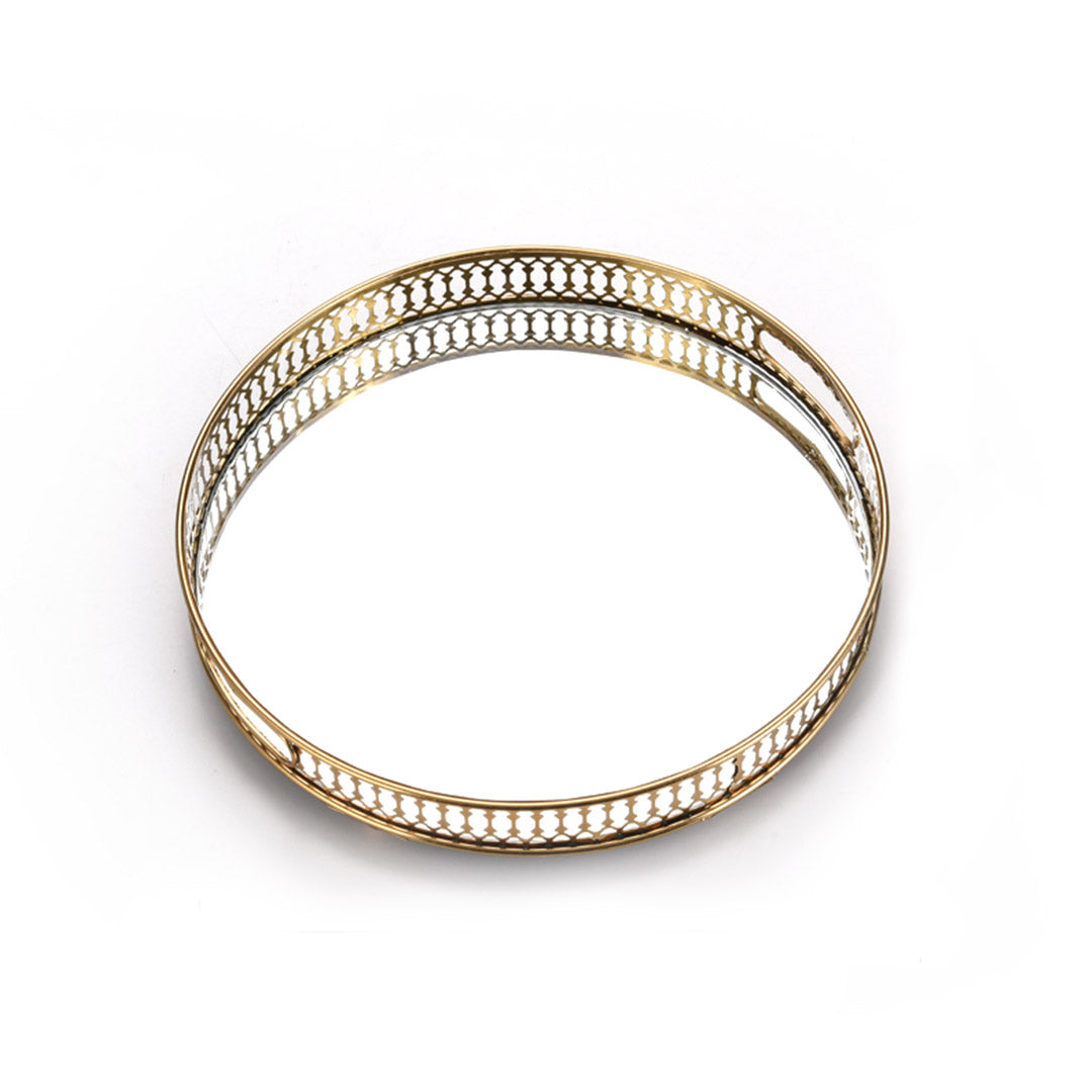 SOGA 32cm Gold Round Ornate Mirror Glass Metal Tray Vanity Makeup Perfume Jewelry Organiser with Handles-Jewellery Holders & Organisers-PEROZ Accessories